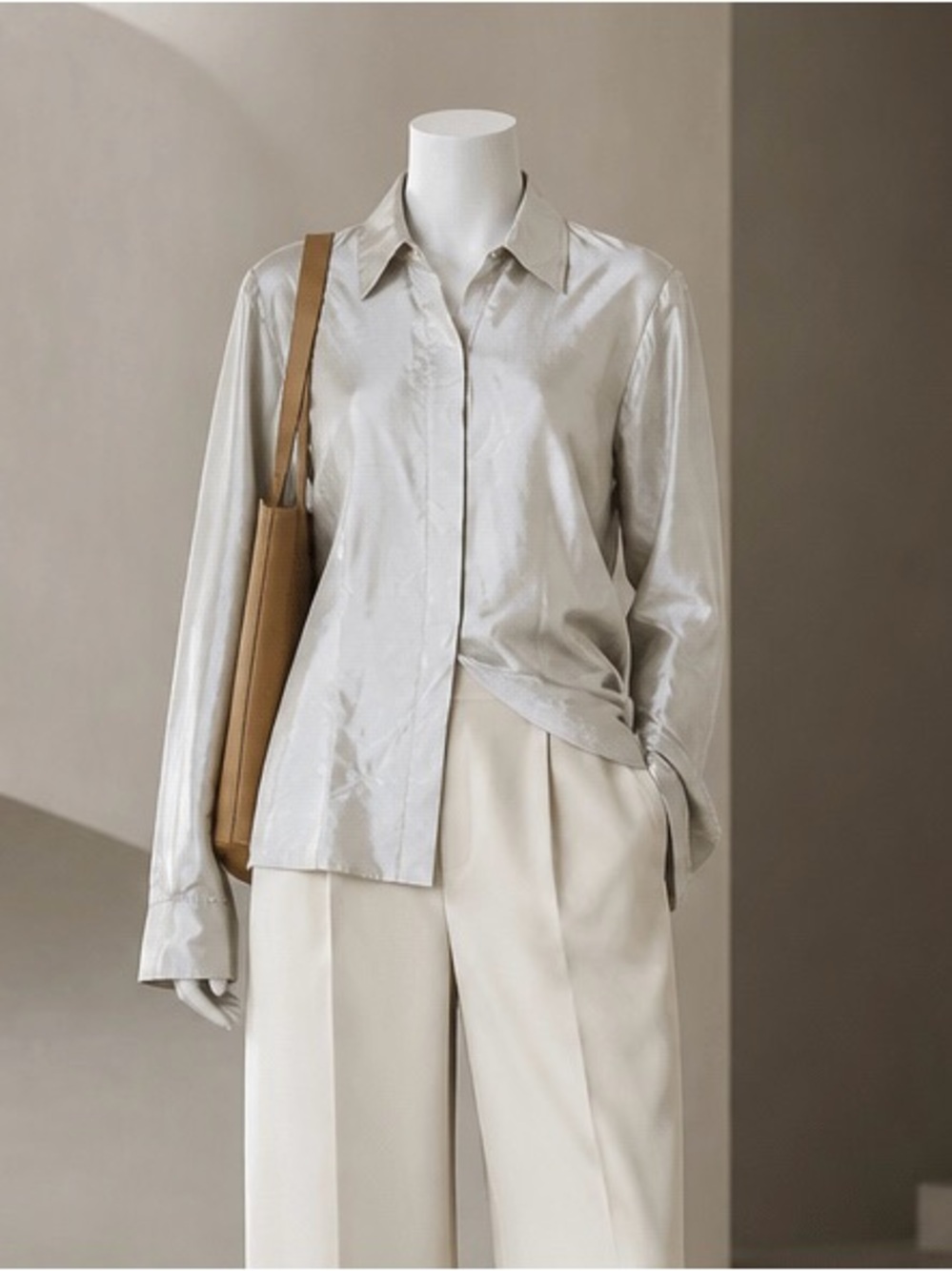 Chico’s Silver Shiny Blouse anime Japanese minimalist style 100% Silk Size 2